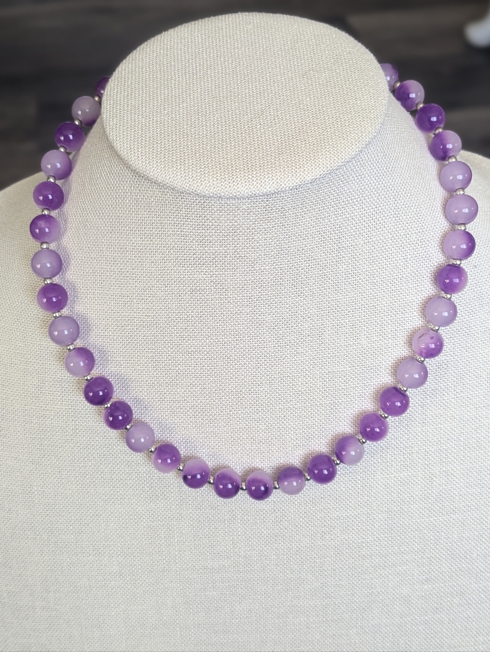 Purple Glass Bead Necklace Silver Tone Adjustable